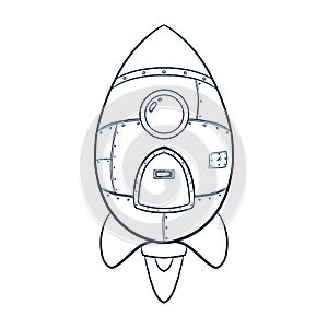 Cartoon Rocket Illustration. Hand drawn Space ship icon. Rocket launch icon sketch suitable for logo, business product