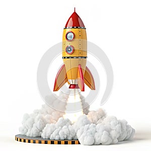 Cartoon Rocket Launch 3D Render isolated on white background