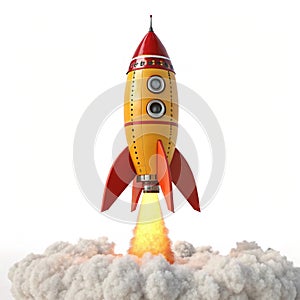 Cartoon Rocket Launch 3D Render isolated on white background