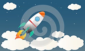 Cartoon rocket launching on night sky stars photo