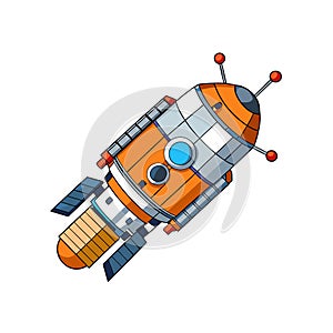 Cartoon rocket ship illustration with solar panels isolated