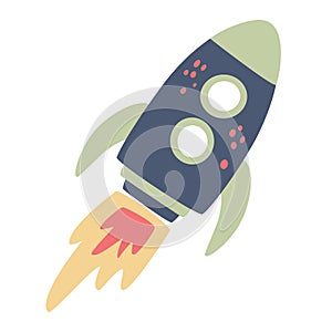 Cartoon Rocket Ship. Launching a spacecraft. Vector cartoon illustration. Isolate on a white background