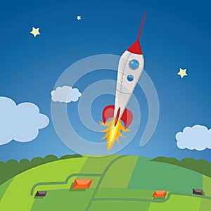 Cartoon rocket ship in the sky going outer-space