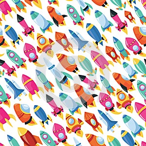 Cartoon Rocket Ships Seamless Pattern Background