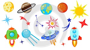 Cartoon rocket. Spaceship in space among stars, planet Earth and Moon, Mars, Jupiter, moon, UFO. Children`s simple space frame.