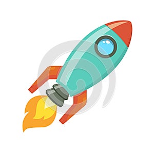 Cartoon rocket spaceship take off, vector illustration. Simple retro spaceship icon.