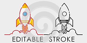 Cartoon rocket spaceship taking off, isolated. Editable stroke. Retro spaceship simple icon.Vector