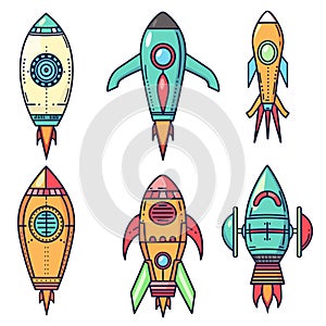Cartoon rockets colorful space exploration. Retro space ships vector assortment isolated photo