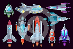 Cartoon rockets. Space rocketship, aerospace rocket and spacecraft ship isolated vector illustration set