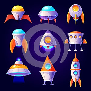 Cartoon rockets, ufo, spaceships and shuttles