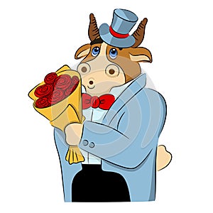 Cartoon romantic bull with a bouquet dressed in a suit and top hat. Vector illustration of funny animal. Symbol of 2021. Isolated