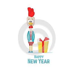 Cartoon rooster in a blue jacket with gift. Symbol of New 2017 - according to Chinese calendar Year red fiery cock.
