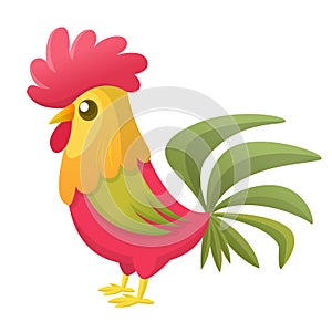 Cartoon rooster with bright feathers on the tail and a red crest. Vector illustration.