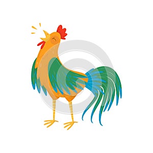 Cartoon rooster character singing song. Male domestic fowl. Farm bird. Flat vector element for advertising, postcard or