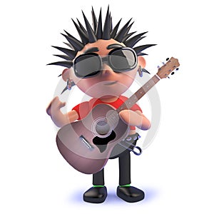 Cartoon rotten 3d punk rocker character playing an acoustic guitar