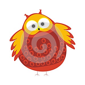 Cartoon round owl with red and orange colored feathers