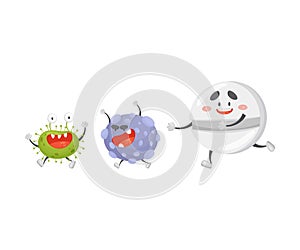 Cartoon round pill chasing viruses. Vector illustration on a white background.