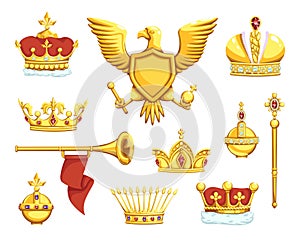 Cartoon royal symbols. Imperial crowns. Scepter and ord. Coat of arms with eagle. King or queen precious headdresses