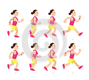 Cartoon running girl animation. Athletic young woman character run or fast walk. Animated motion sport walking vector