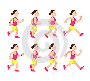 Cartoon running girl animation. Athletic young woman character run or fast walk. Animated motion sport walking vector illustration