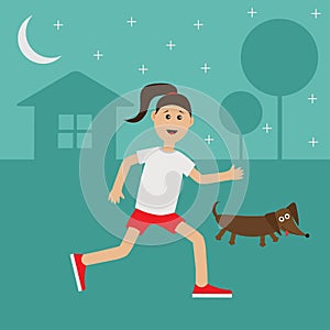 Cartoon running girl Dachshund dog. Cute run woman Night summer time. House, tree silhouette. Stars shining. Jogging lady Runner F