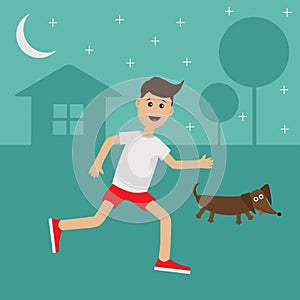 Cartoon running guy Dachshund dog. Night summer time. House, tree silhouette. Stars shining. Cute run boy Jogging man Runner outs