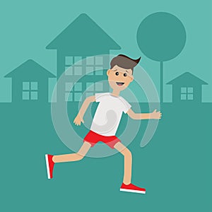 Cartoon running guy. Night summer time. House, tree silhouette. Cute run boy Jogging man Runner outside Fitness cardio workout Run