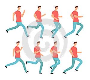 Cartoon running man in casual clothes. Young male jogging. Animation frames sequence isolated vector set