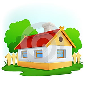 Cartoon rural house with among trees and fence