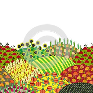 Cartoon rural landscape with hills and fields, vector illustration.