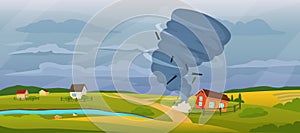 Cartoon rural landscape with tornado, hurricane storm destroying houses. Whirlwind, stormy weather, natural disaster