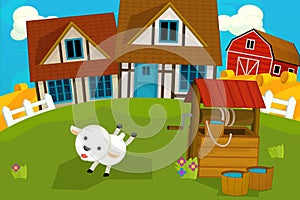 Cartoon rural scene with farm animal