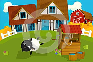 Cartoon rural scene with farm animal