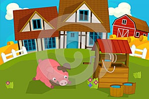 Cartoon rural scene with farm animal pig