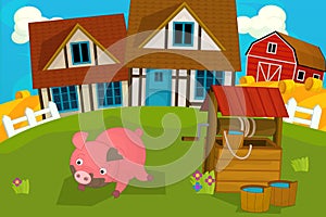 Cartoon rural scene with farm animal pig near the wooden well