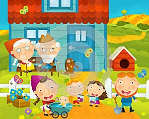 Cartoon rural scene with farm and villagers near the house - illustration