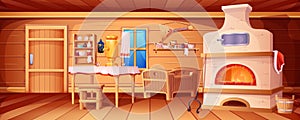 Cartoon russian hut interior with old kitchen