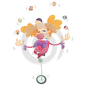 Cartoon sad clown juggling and crying in one wheel bike