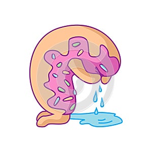 Cartoon sad crying donut character with pink glaze makes a puddle of tears. For stickers, greeting cards, party