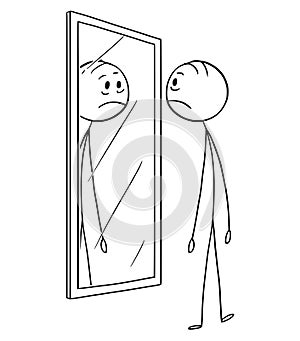 Cartoon of Sad Depressed Man Looking at Himself in the Mirror