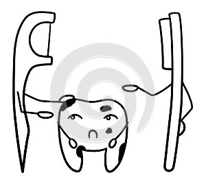 Cartoon sad dirty tooth with dental floss and toothbrush in black lines