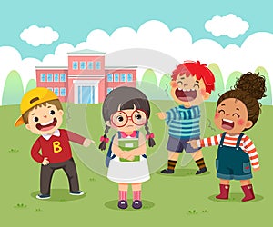 Cartoon of a sad little girl being bullied by her schoolmates in schoolyard