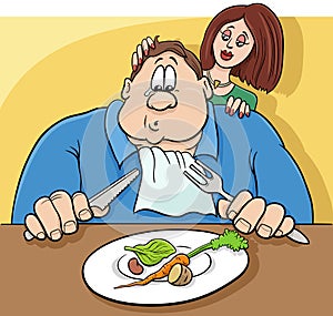 Cartoon sad man on a diet humorous illustration