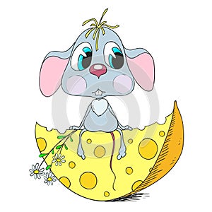 Cartoon sad mouse. Mouse and cheese. Vector