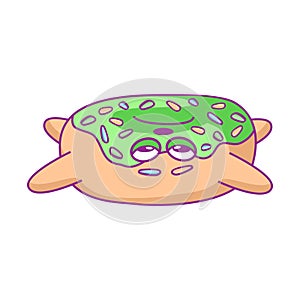 Cartoon sad, poor donut character with green glaze is sick. Nausea and vomiting. For stickers, greeting cards, party