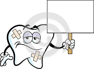 Cartoon sad tooth with bandages holding a sign.