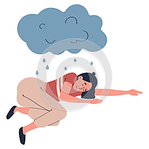 Cartoon sad, unhappy girl who lying under rain cloud associating fault, problem isolated on white vector illustration.