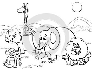 Cartoon safari animals group coloring page