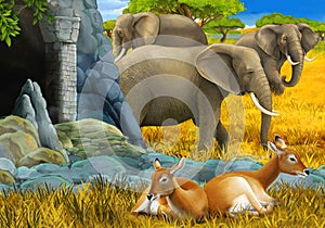 cartoon safari scene with family of antelopes and elephant on the meadow illustration for children