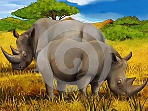 Cartoon safari scene with rhino rhinoceros on the meadow beautiful illustration for children